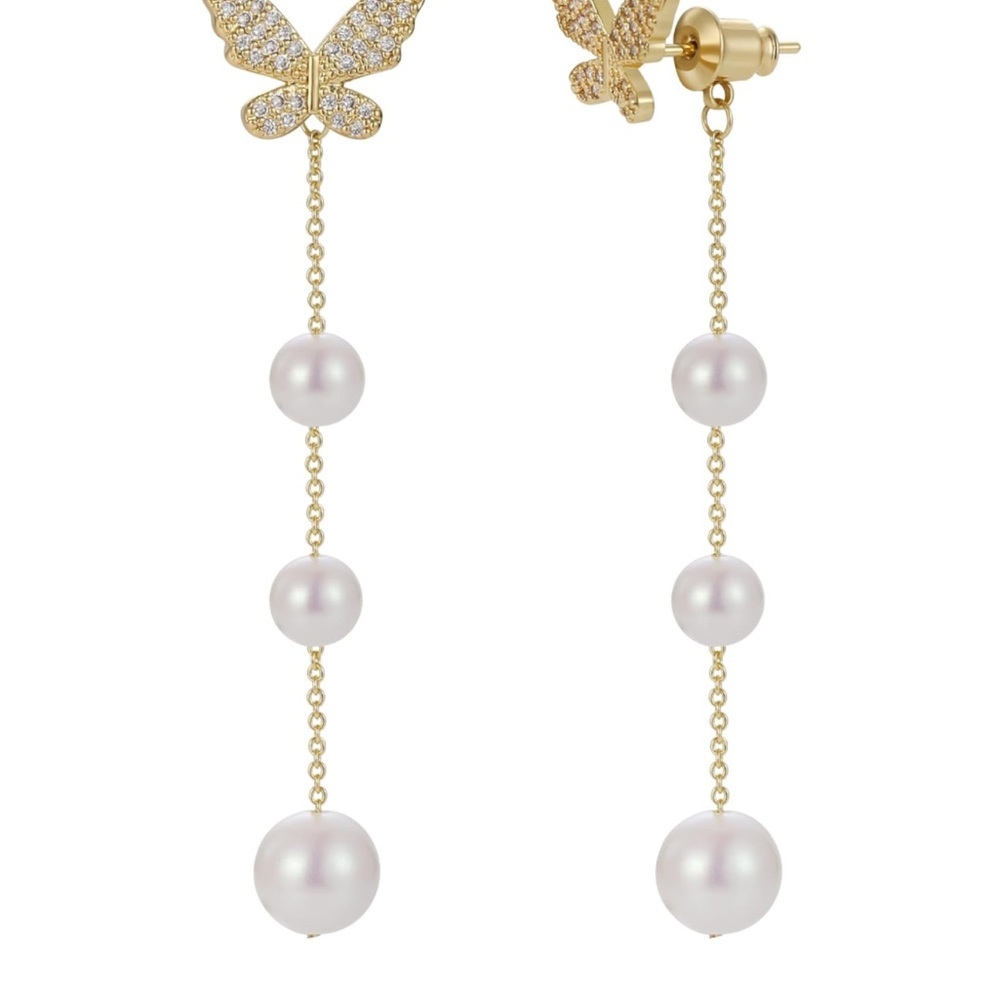 Gold Butterfly Pearl Drop Earrings